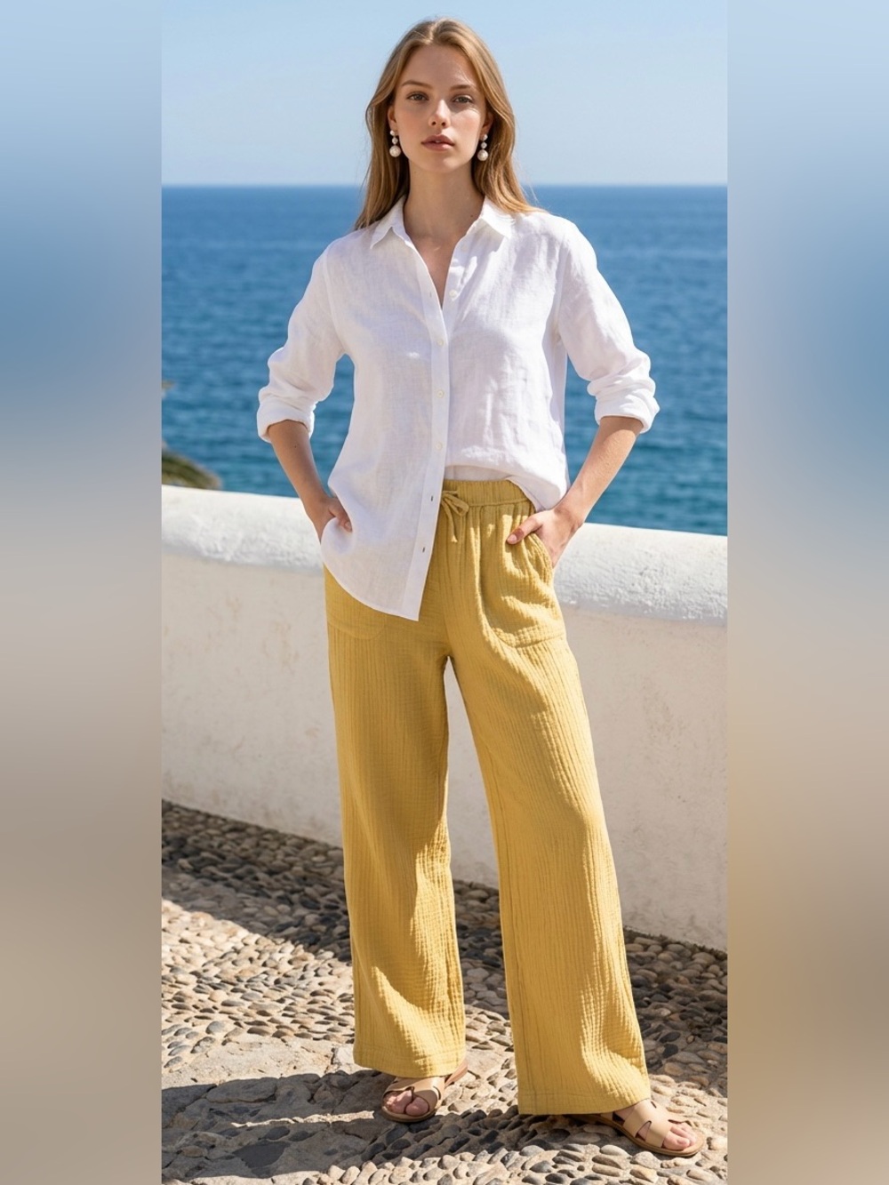 Splendid Cotton Gauze Pants Drawstring Waist Golden Yellow Size L NWT